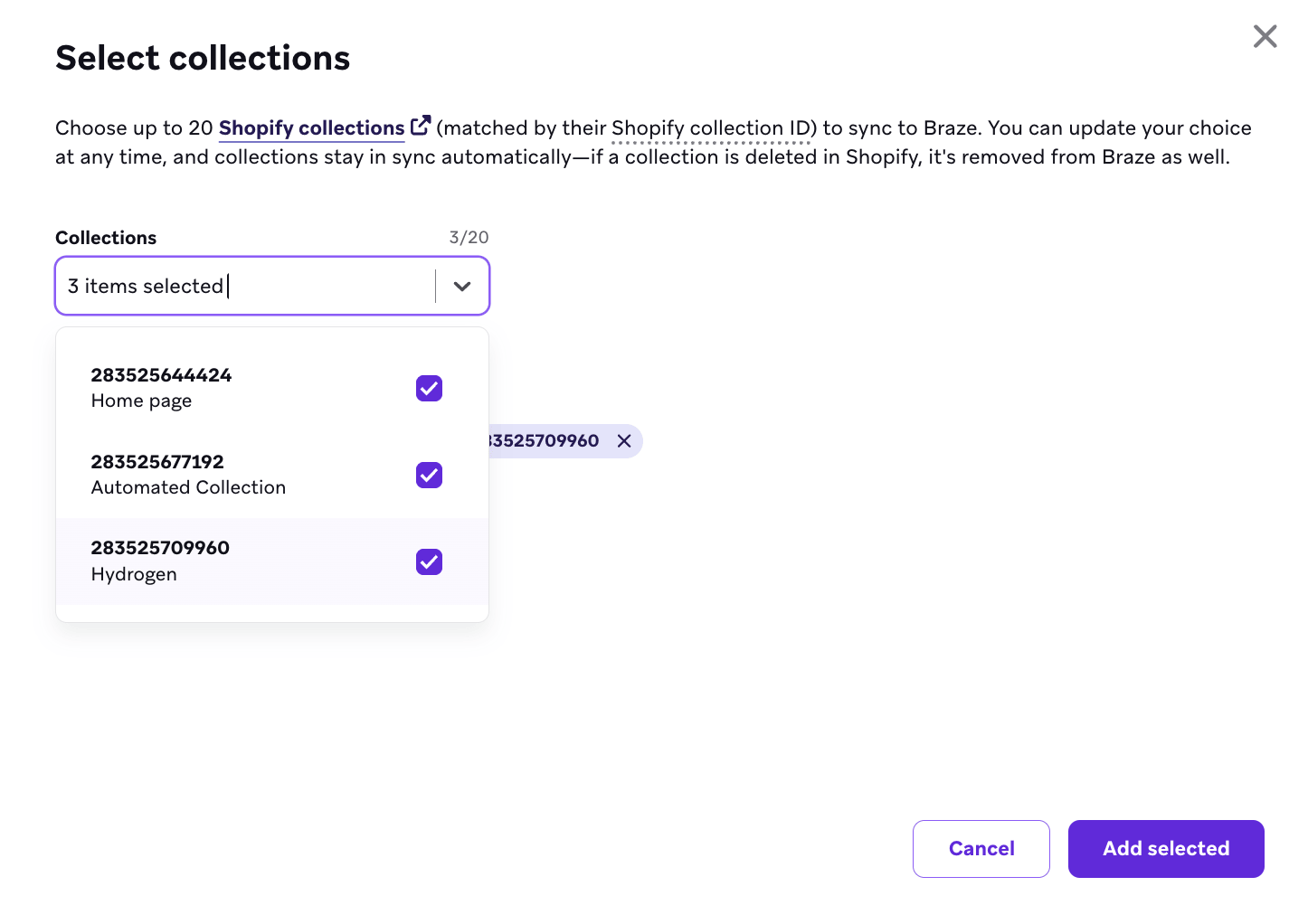 Modal to select collections from a dropdown.