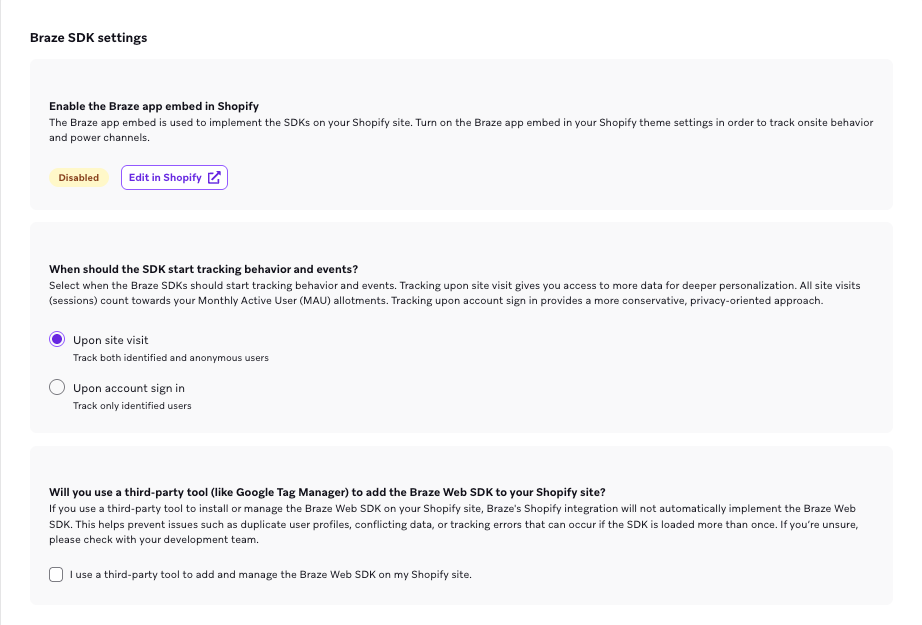"Braze SDK settings" section with a checkbox to indicate that you'll use a third-party tool to add the Braze Web SDK.