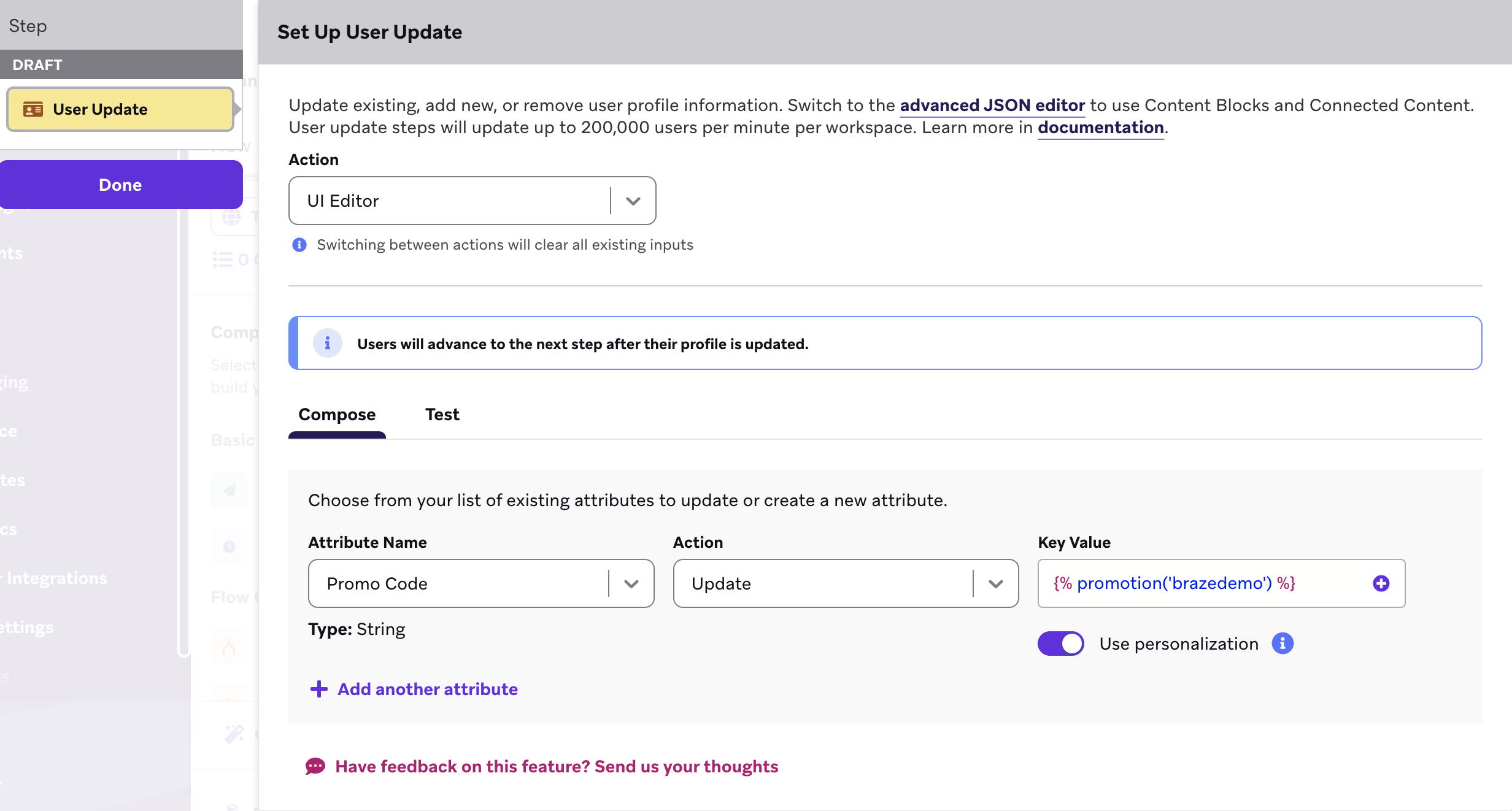 A User Update step that updates a "Promo Code" attribute with the Liquid snippet.