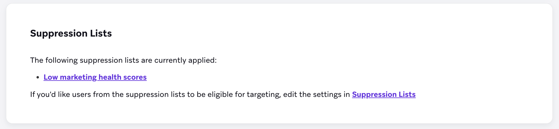 The "Suppression Lists" section with one active suppression list, called "Low marketing health scores".