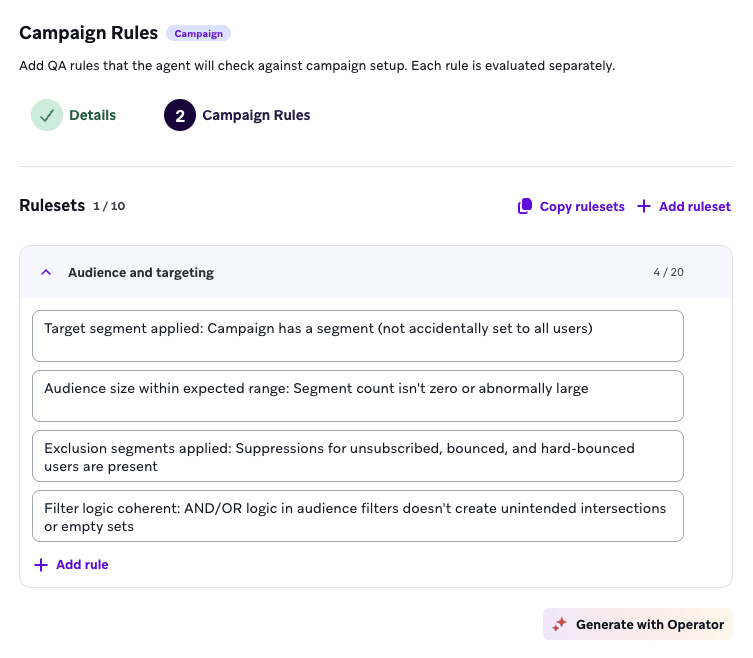 Four rules set up for the Audience and targeting category.