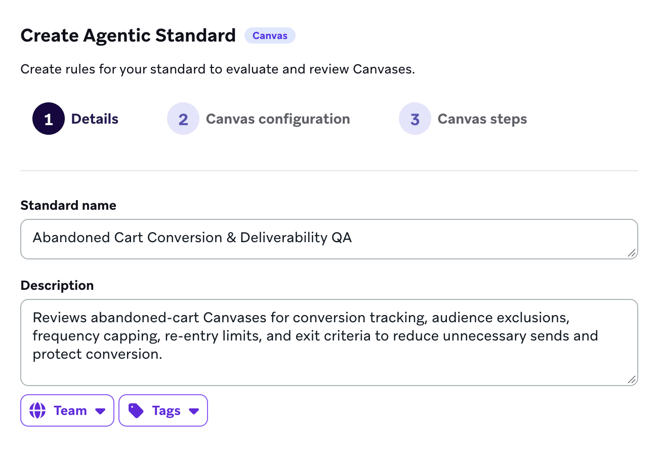 A Canvas Standard that defines the rules and rulesets for reviewing abandoned cart Canvases in Braze.