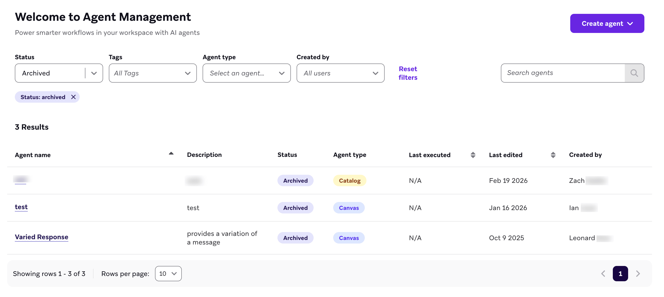 Agent Management page with archived agents.
