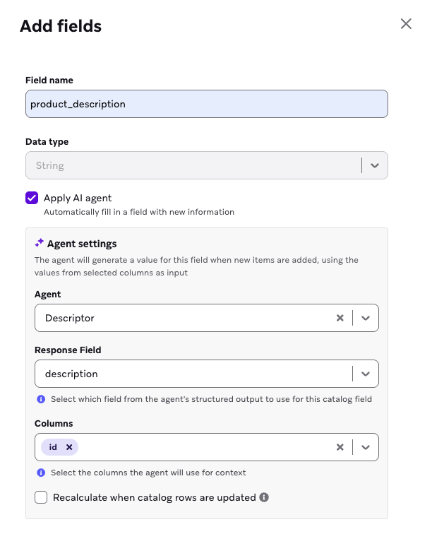 A field "product_description" with the "Descriptor" agent applied. The "description" output is selected as the response field.