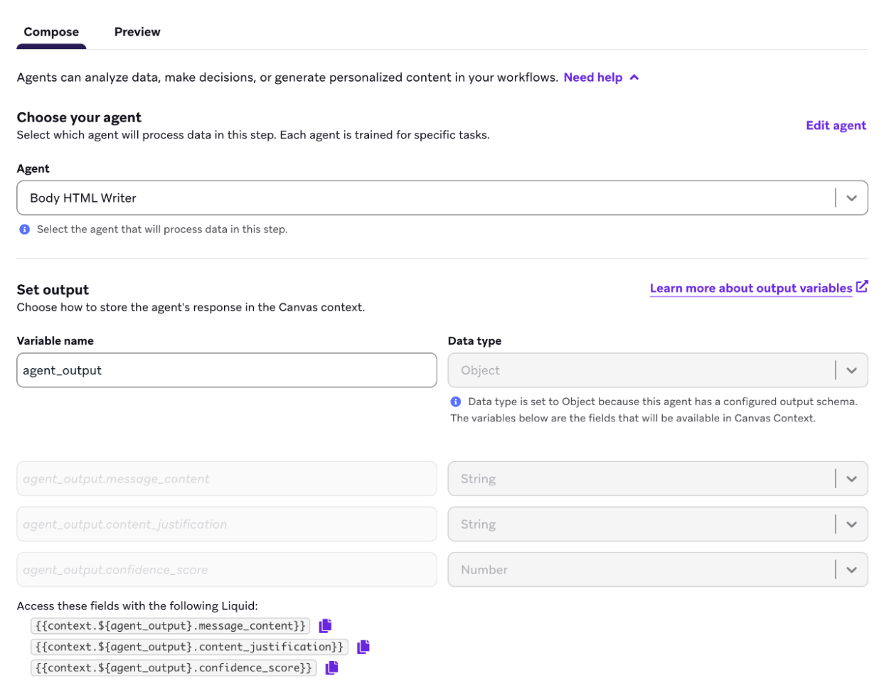 Agent step for Body HTML Writer with an object data type output for the variable "agent_output".
