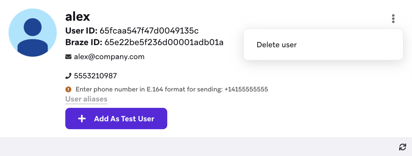 A user in Braze with the vertical-ellipses menu open, showing the option to delete the user.