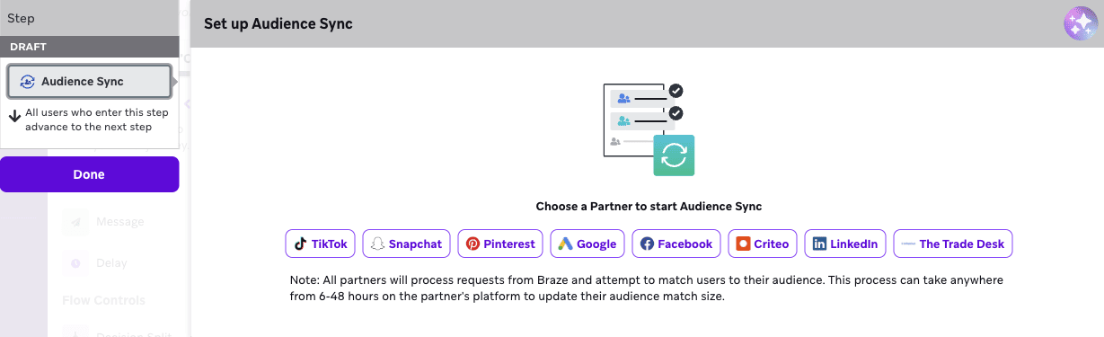 Option to select your partner to sync with the Audience Sync step.