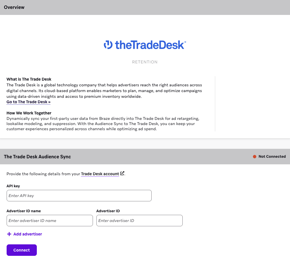 An example of an unconnected Audience Sync for The Trade Desk.