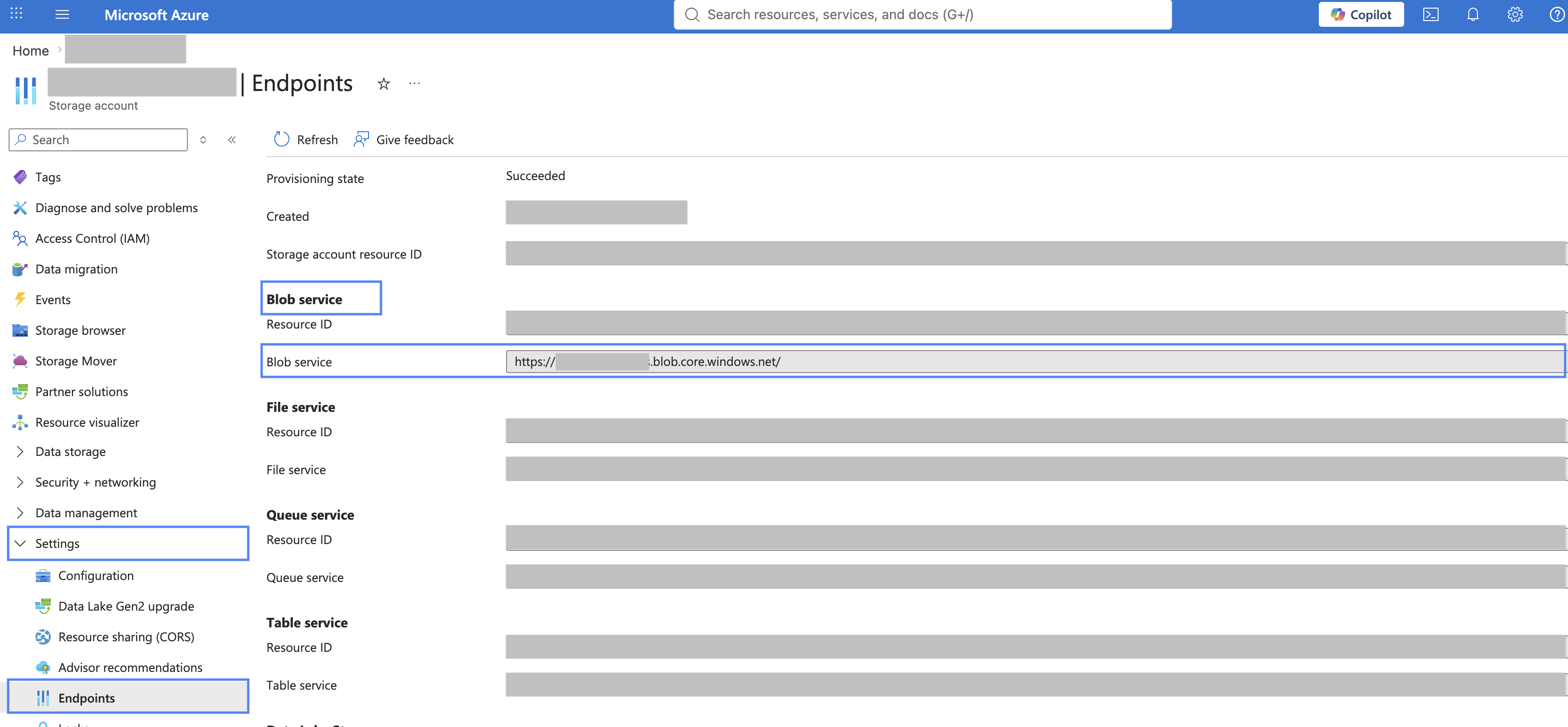 The storage account Endpoints page with the Blob service endpoint highlighted.