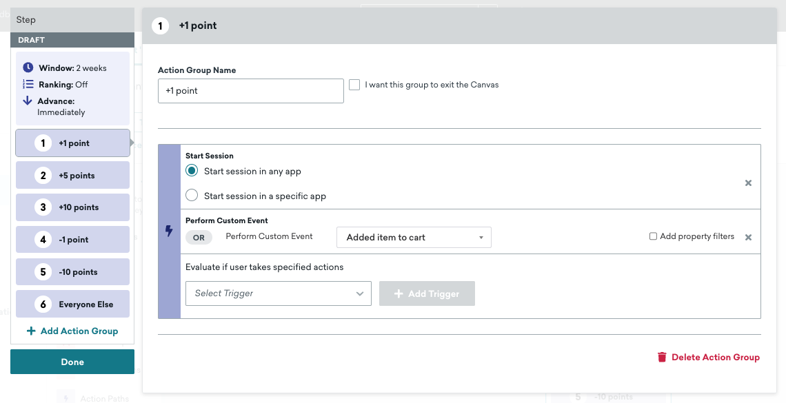 Action Group for adding a point with the triggers of “Starting Session in Any App” and “Performing Custom Event”.