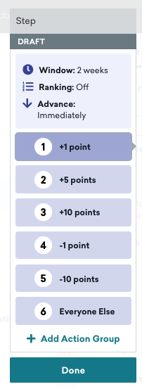 Action Path containing Action Groups for adding one point, five poins, and ten points; subtracting one point and ten points; and “Everyone Else”.