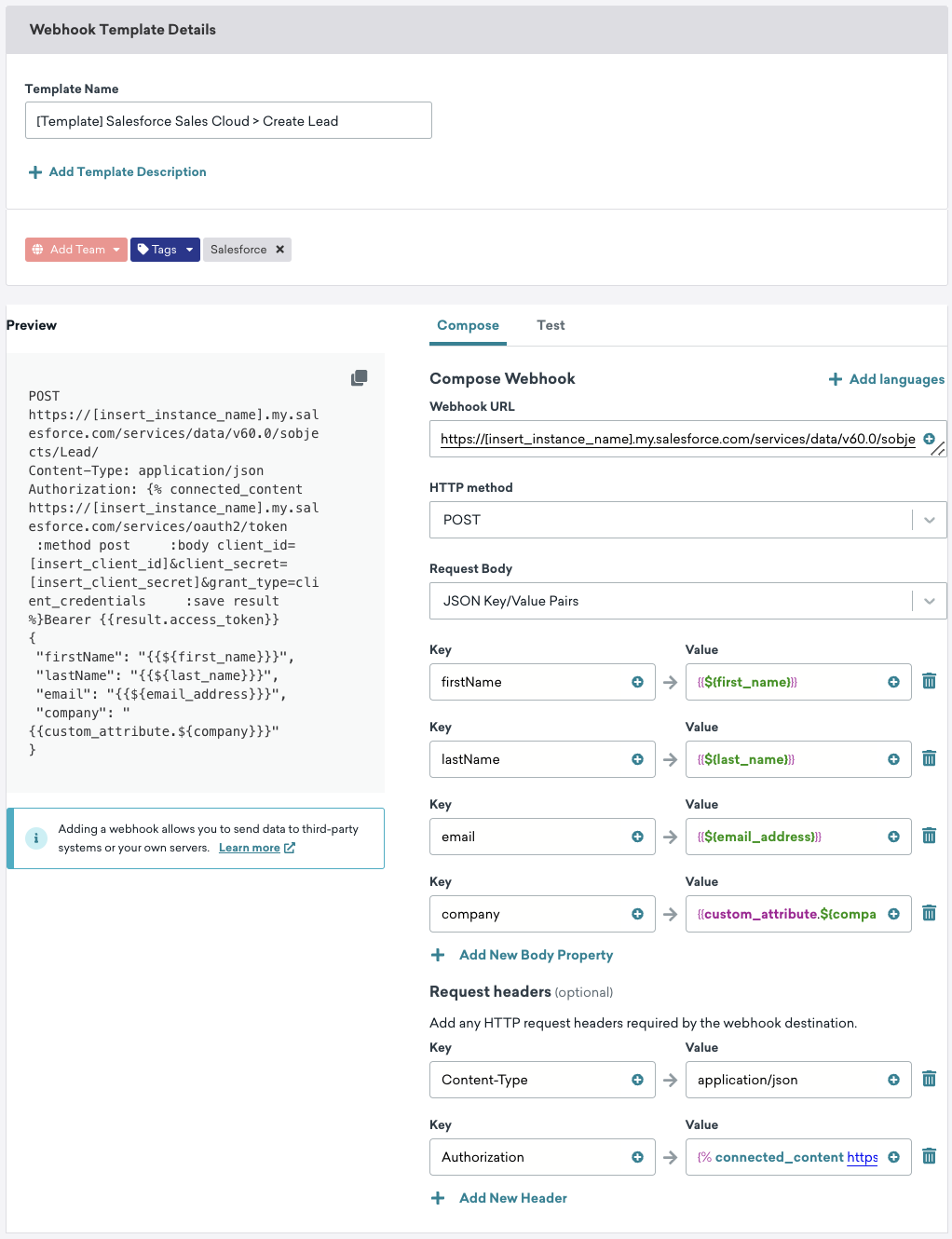 A filled-out webhook template to create a lead.