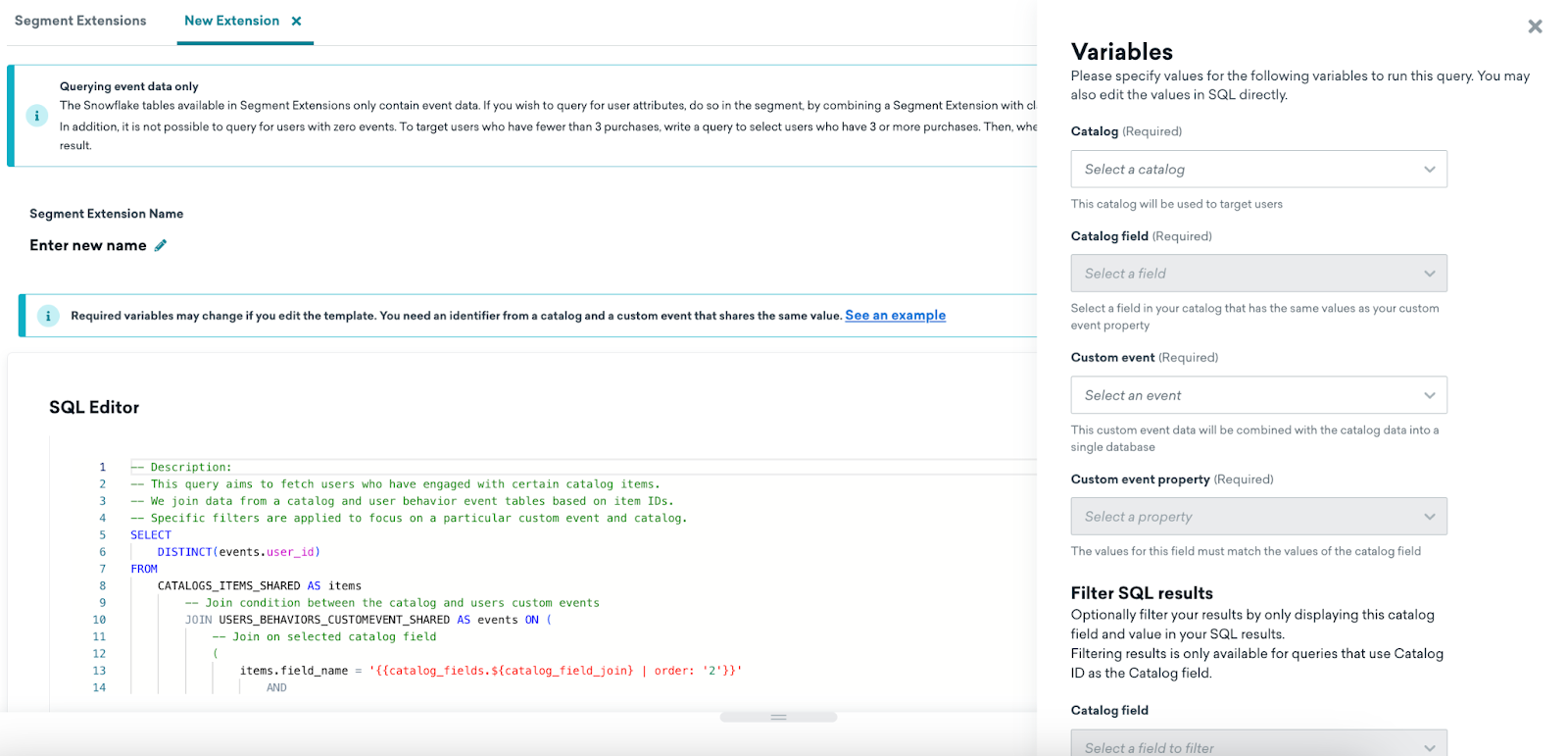 A SQL editor for a new extension with an open "Variables" tab.