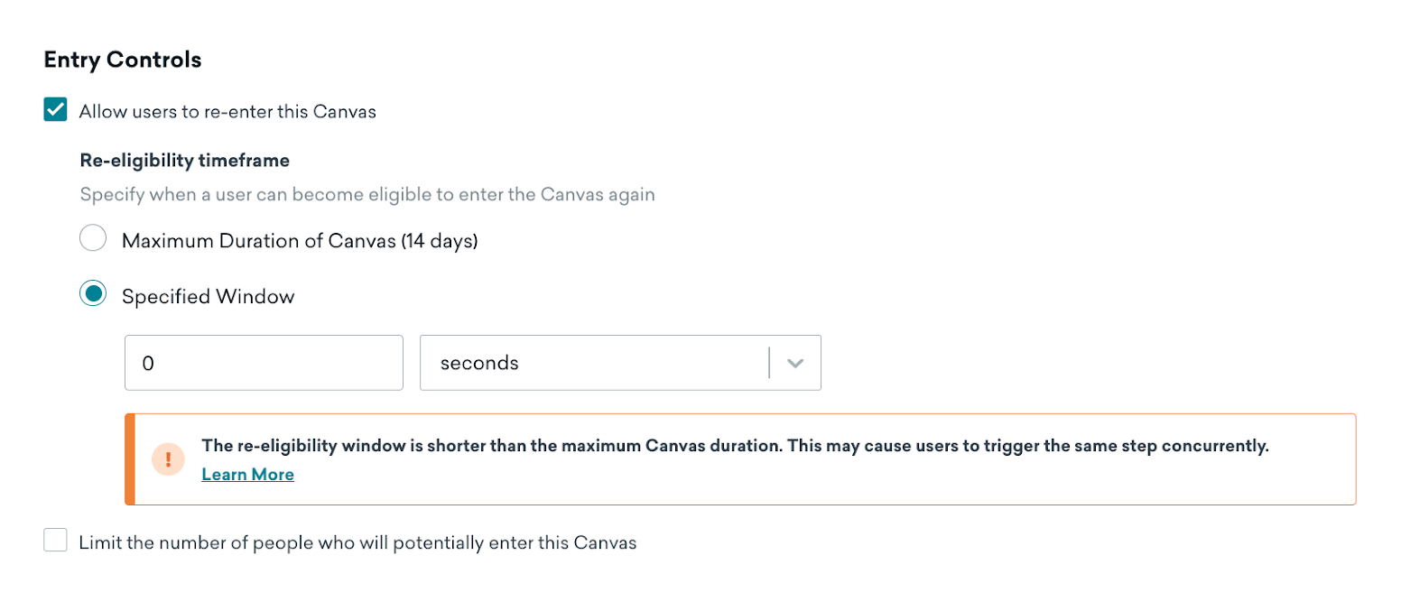 “Entry Controls” section that has selections for “Allow users to re-enter this Canvas” in a “Specified Window” of 0 seconds.