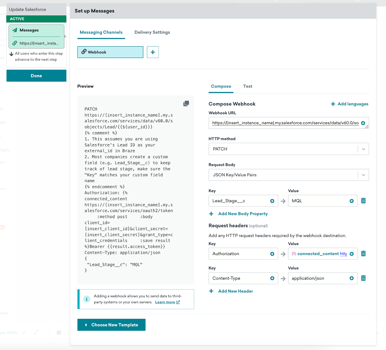 The “Update Salesforce” webhook step with completed details.