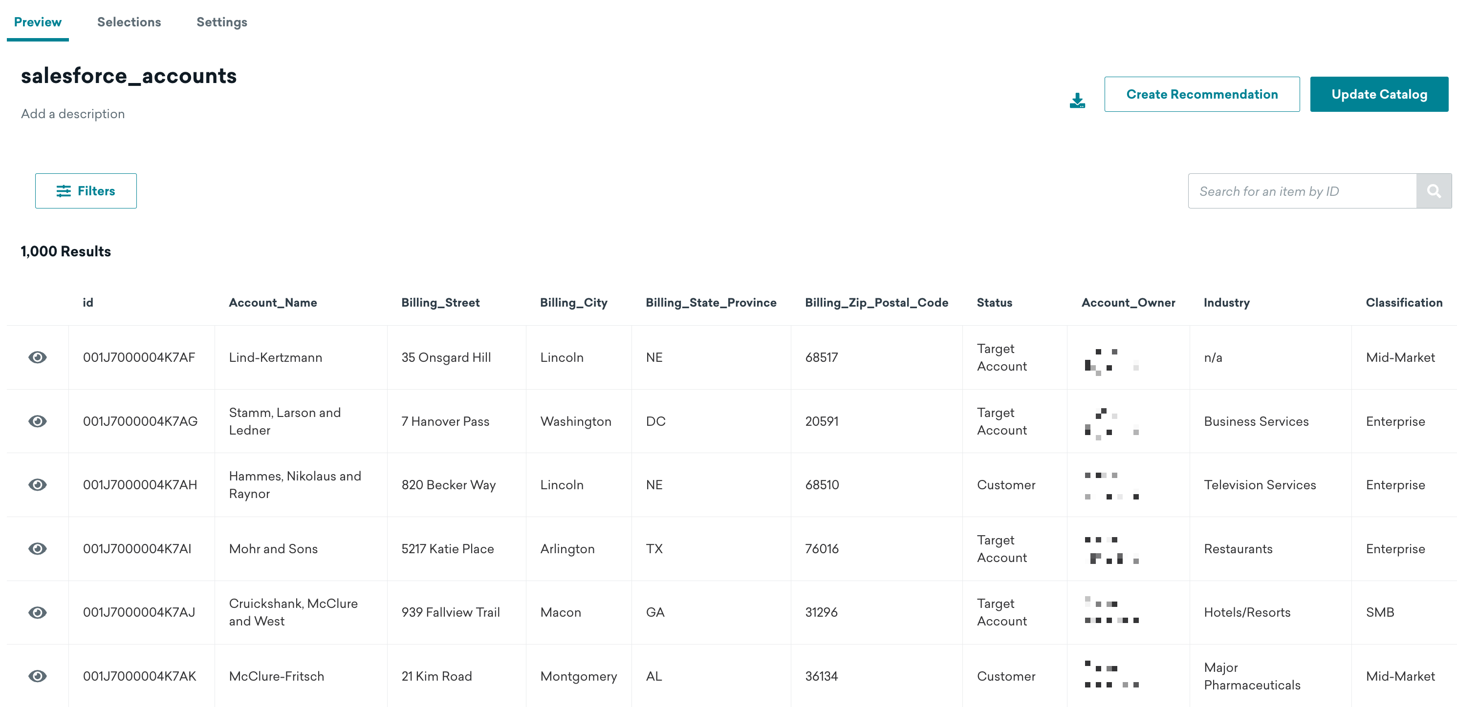 Table of Salesforce accounts with respective information, such as billing address and account owner.