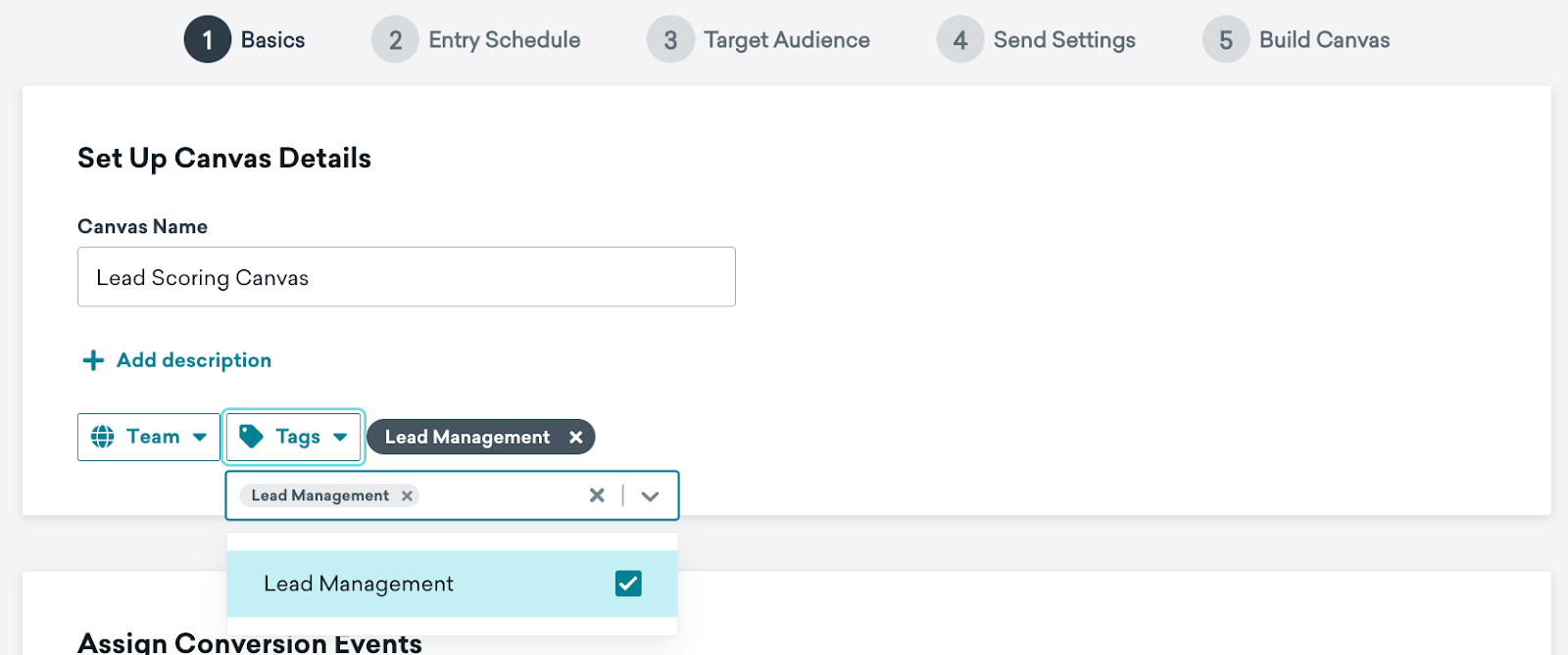 Step 1 of creating a Canvas with the name “Lead Scoring Canvas” and tag “Lead Management”.