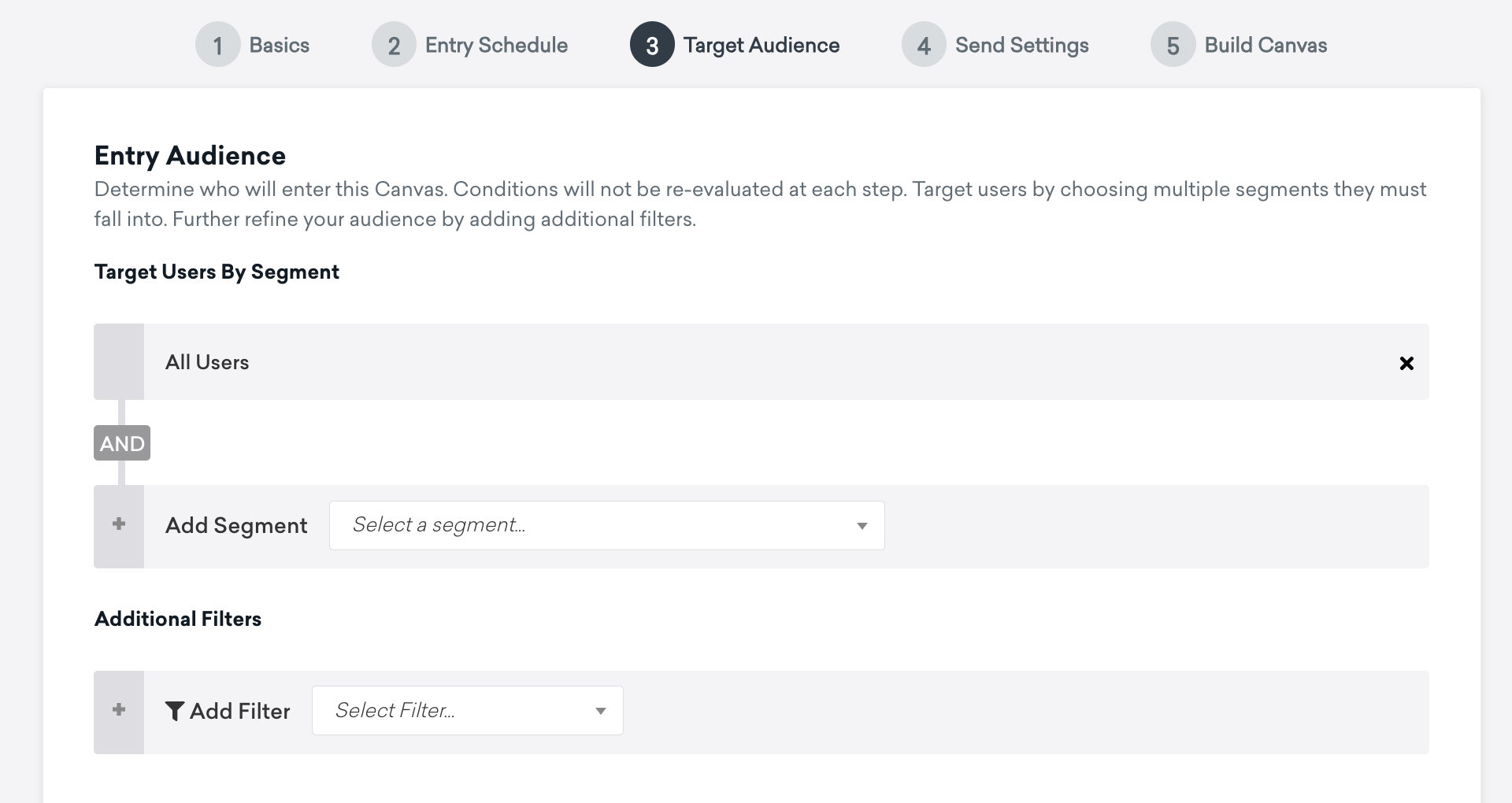 Step 3 of creating a Canvas with options for selecting segments and filters to narrow down the entry audience.