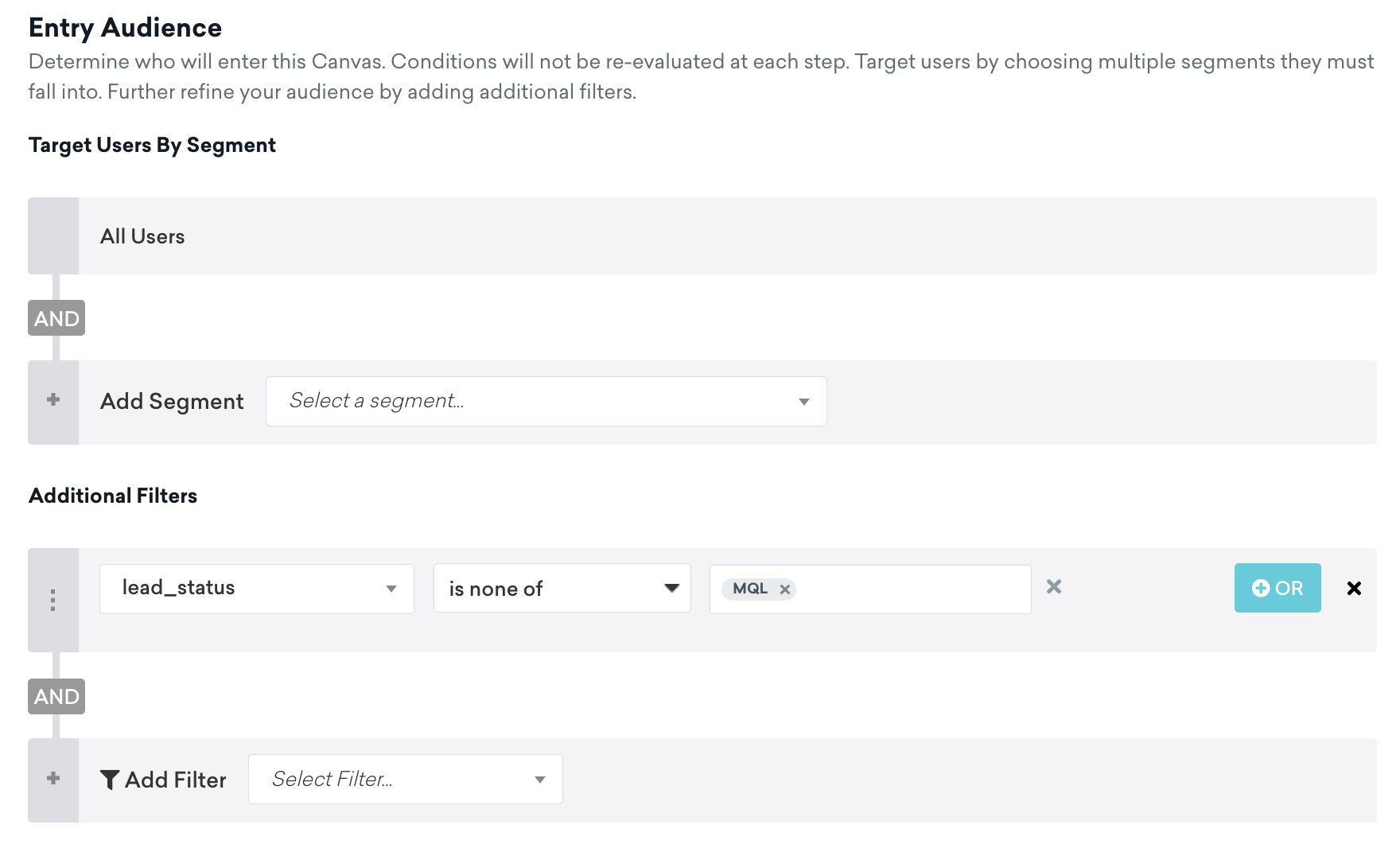 Webhook targeting options with the filter of “lead_status” is none of “MQL”.