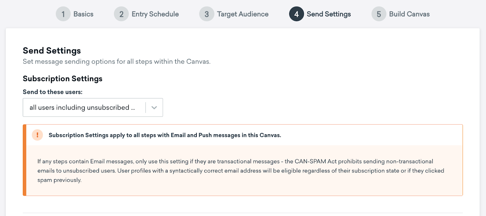 Step 4 of creating a Canvas for setting message sending options.