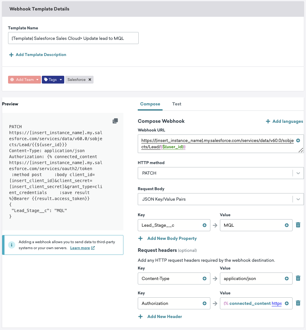 A filled-out webhook template to update a lead.