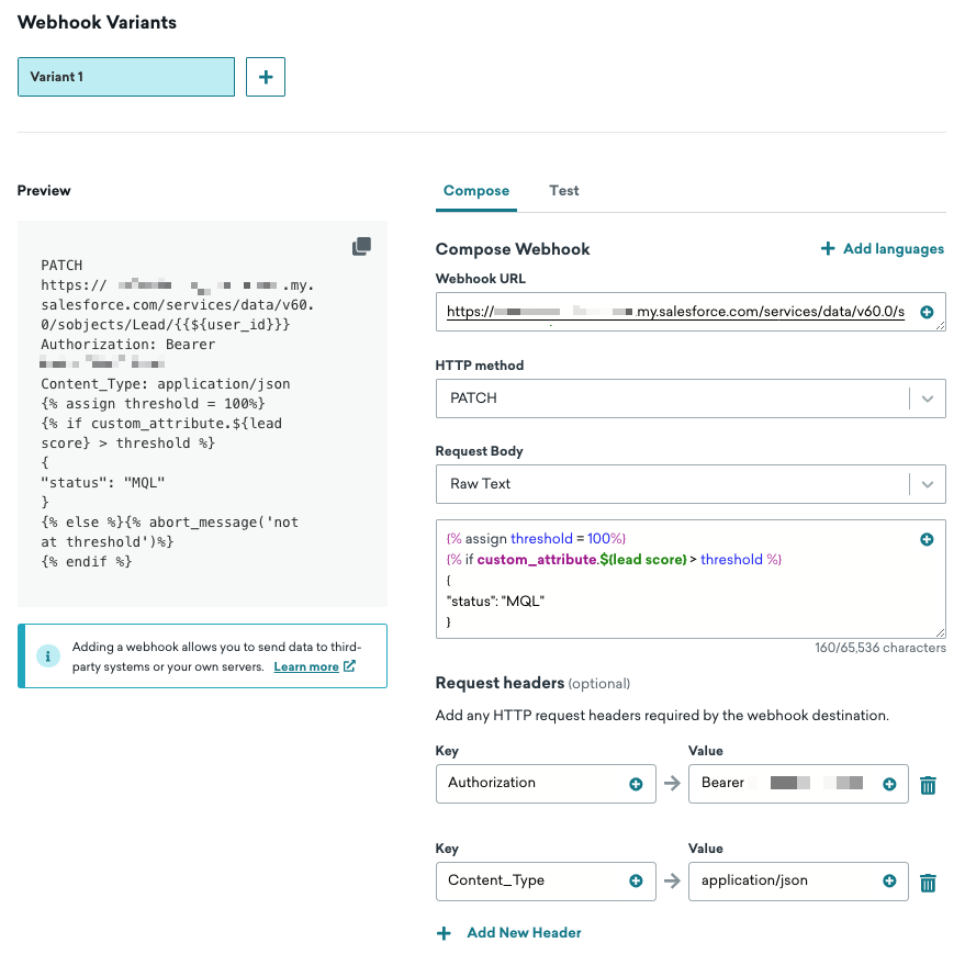 Webhook being composed with a Salesforce webhook URL, PATCH HTTP method, raw text request body, and request headers.