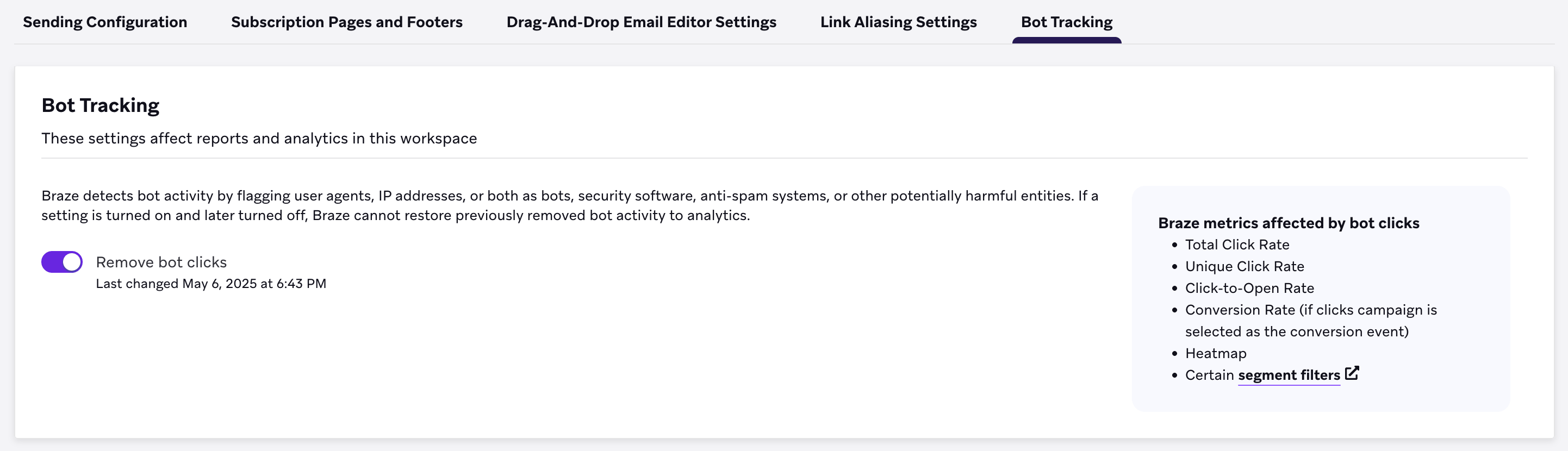 Bot filtering email setting turned on in Email Preferences.
