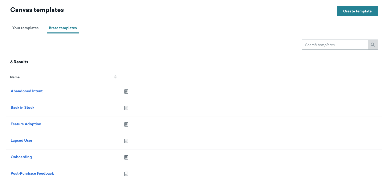 Braze templates in the Canvas templates section with six available templates.