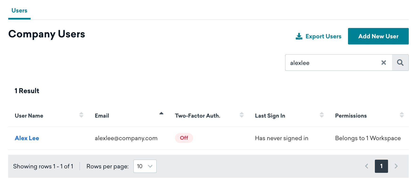 The "Company Users" page in Braze with one user listed in the results.