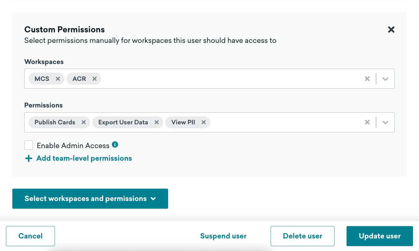 Workspace-level permissions being manually selected in Braze.