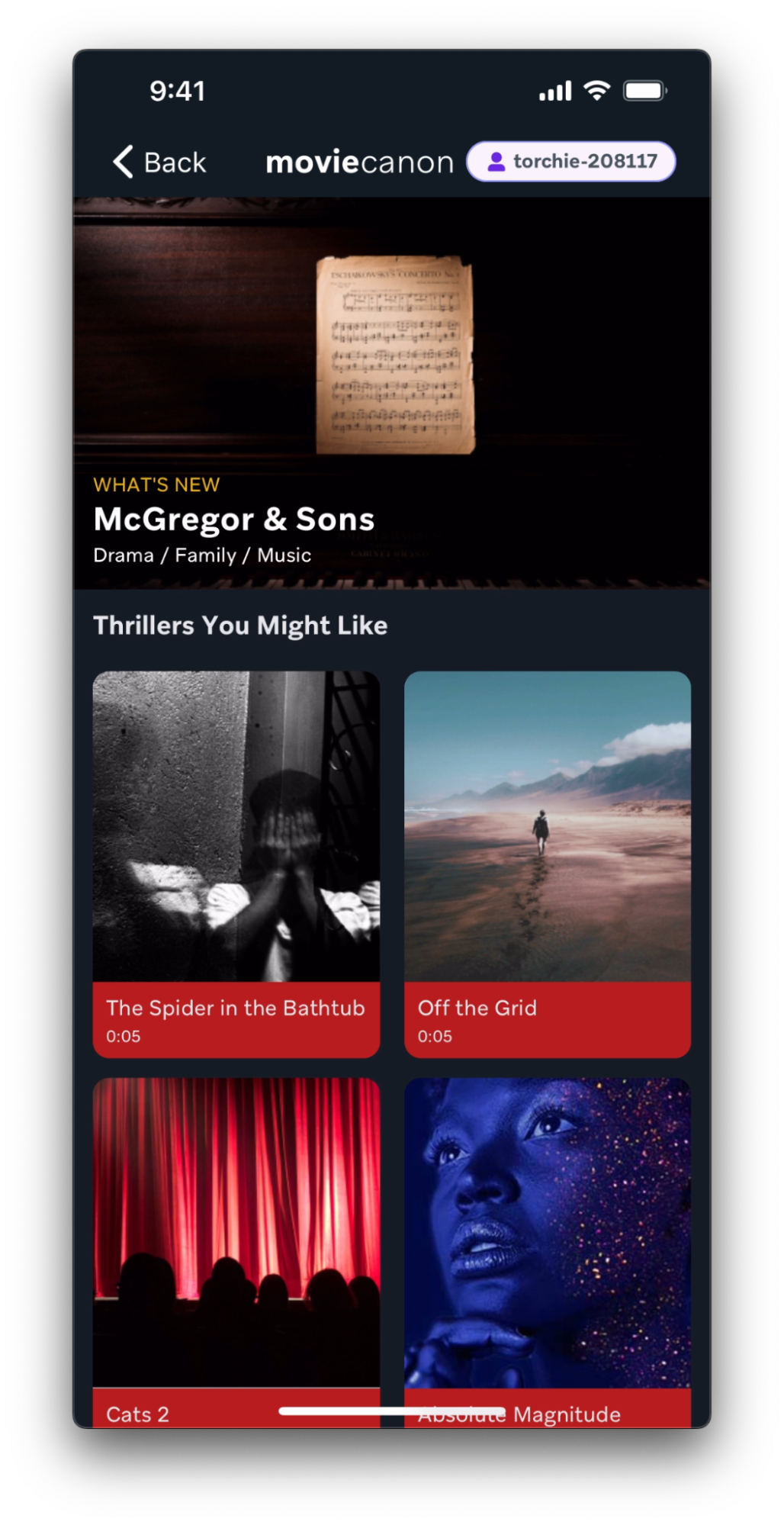 The MovieCanon app with different thrillers to watch.