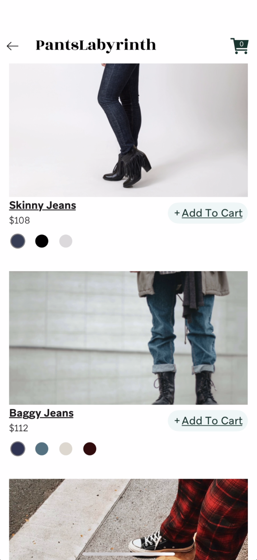 A product page for PantsLabyrinth with options to add jeans to cart.