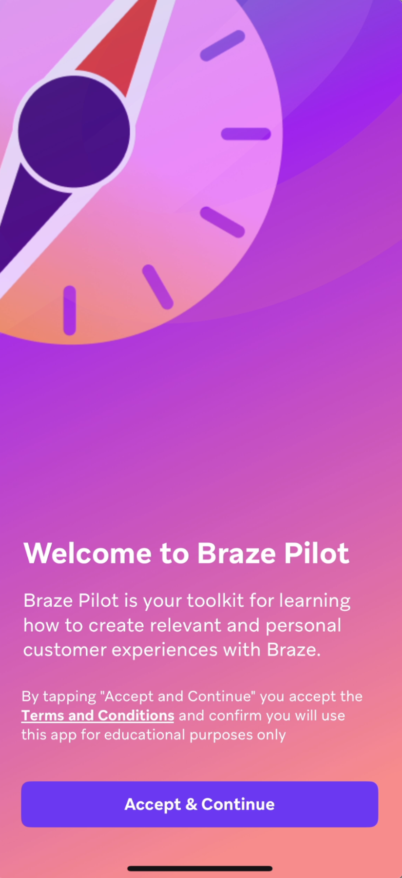 Braze Pilot welcome page.