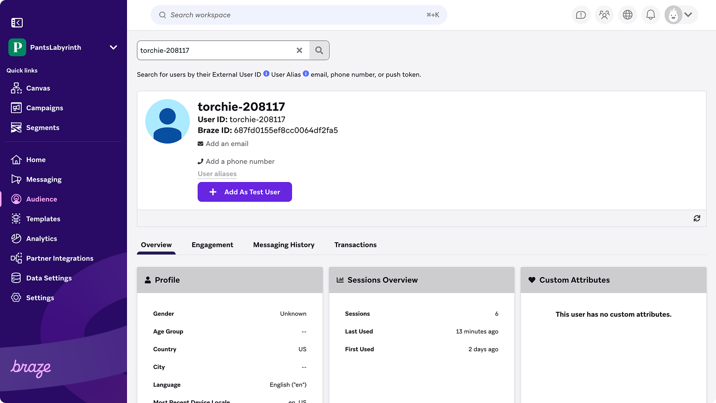 An example of a Braze user profile for user "torchie-208117".