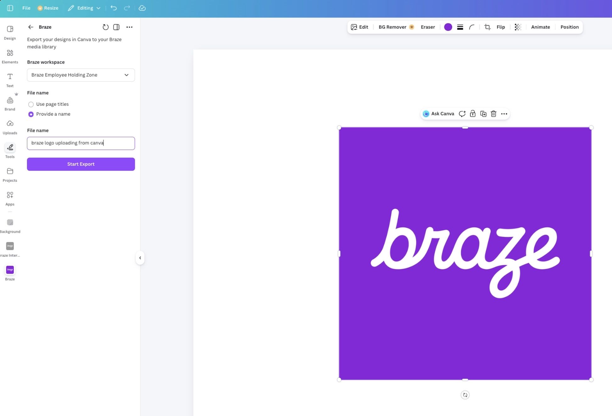 Canva export screen with destination workspace and Start Export button