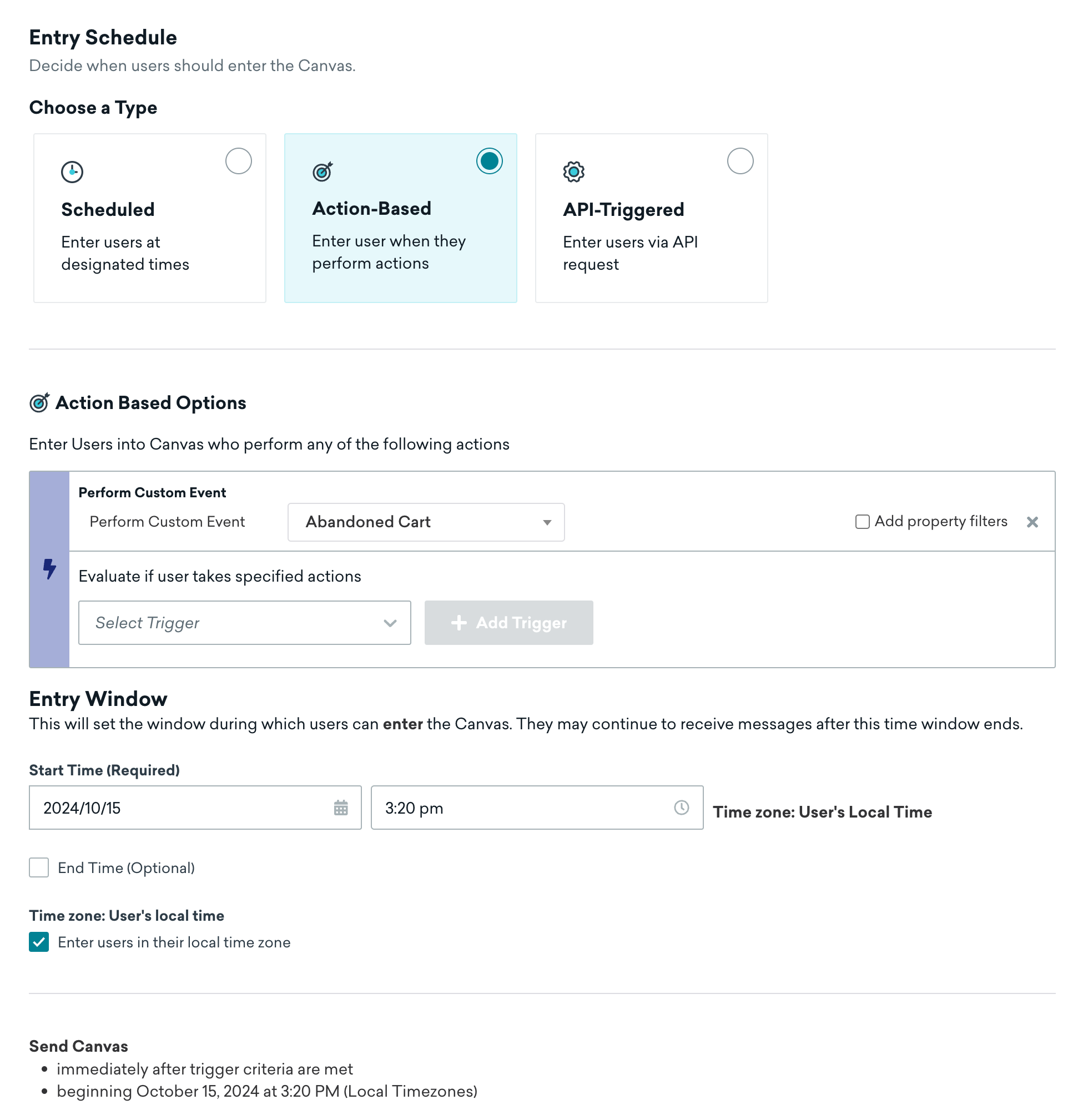 An action-based Canvas that targets users who have abandoned their cart, with the entry window October 15, 2024 3:20 pm at the users' local time zone.