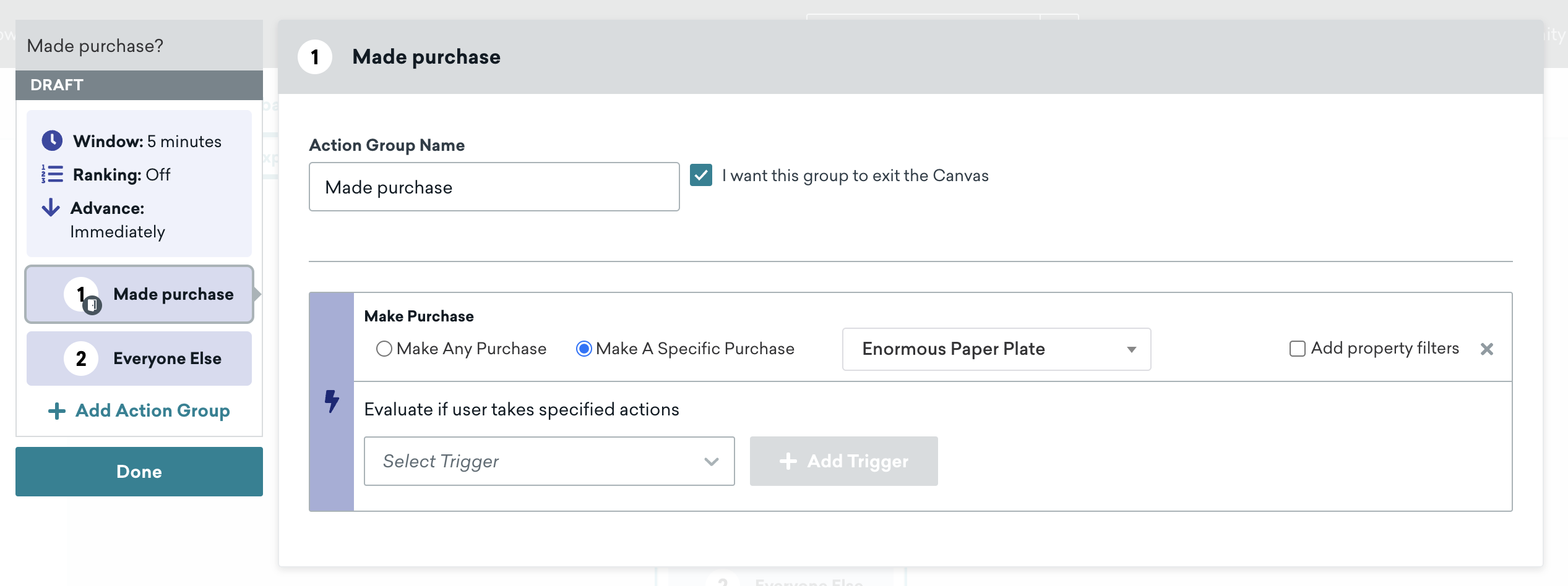 "Made purchase" action group that will exit the Canvas if the user purchases the enormous paper plate.