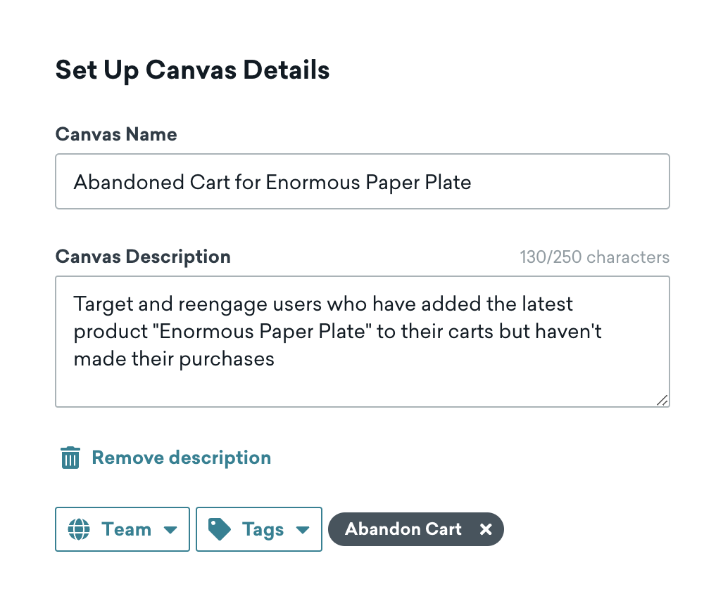 The new name, description, and tag for the Canvas.