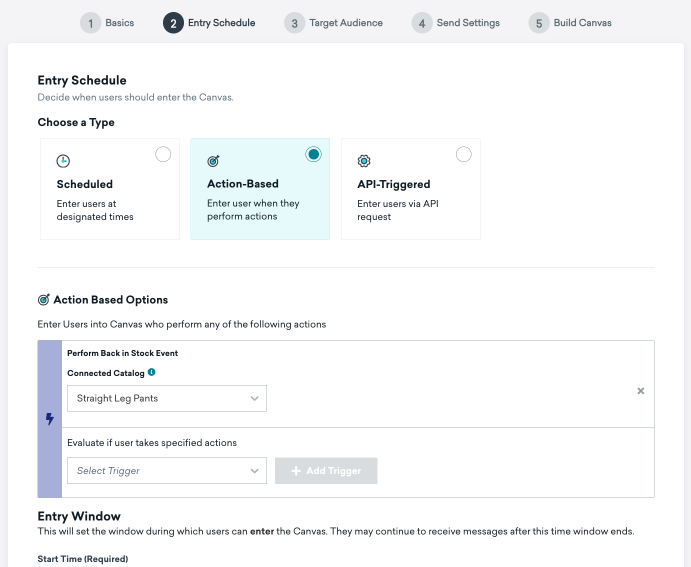 "Entry Schedulde" step for an action-based Canvas.