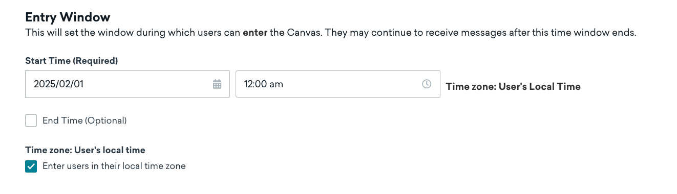 "Entry Window" section with a start time of January 2nd, 2025 at 12 am.