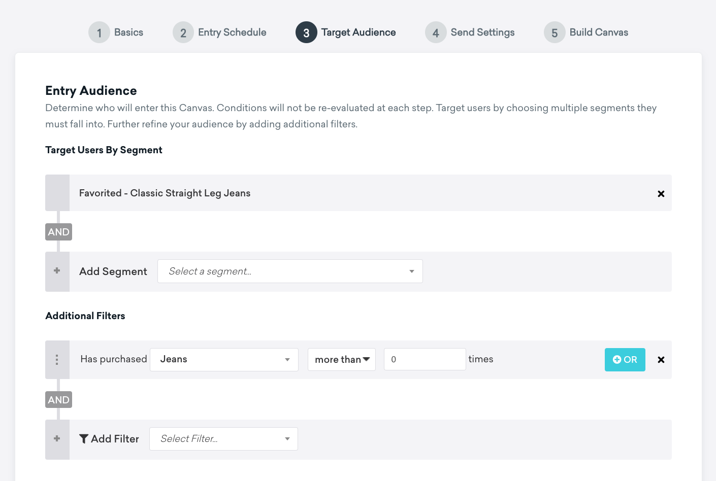 "Target Audience" step with the segment of "Favorited - Classic Straight Leg Jeans".