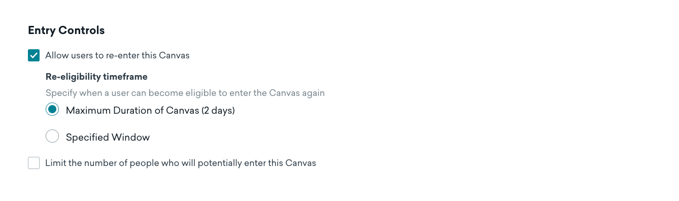 "Entry Controls" section with a checkbox for allowing users to re-enter this Canvas with a maximun duration of the Canvas.