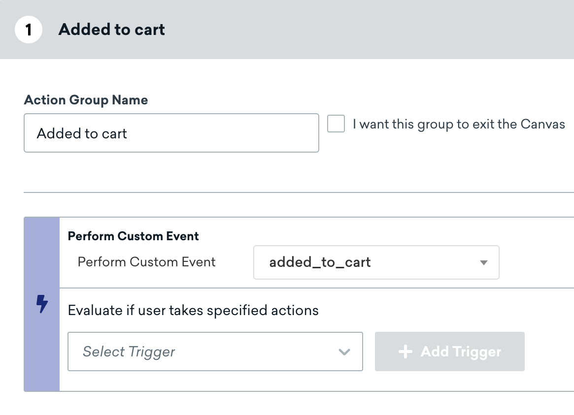 The action group name set to "Added to cart" and the "Perform Custom Event" set to "added_to_cart".