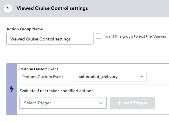 The action group name set to 'Used Feature >3x' and the 'Perform Custom Event' set to 'scheduled_delivery'.