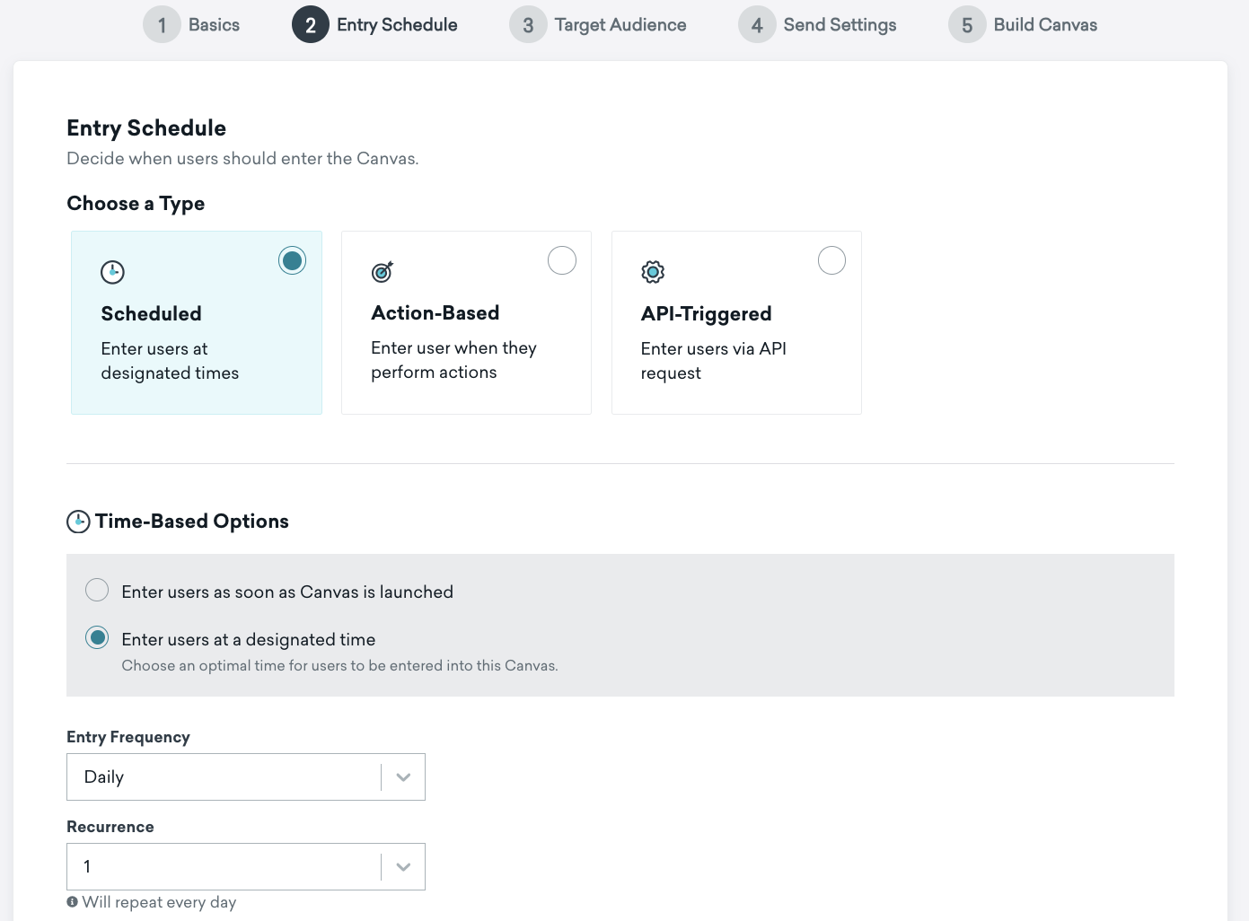 "Entry Schedule" step for a scheduled Canvas that enters users at a designated time.