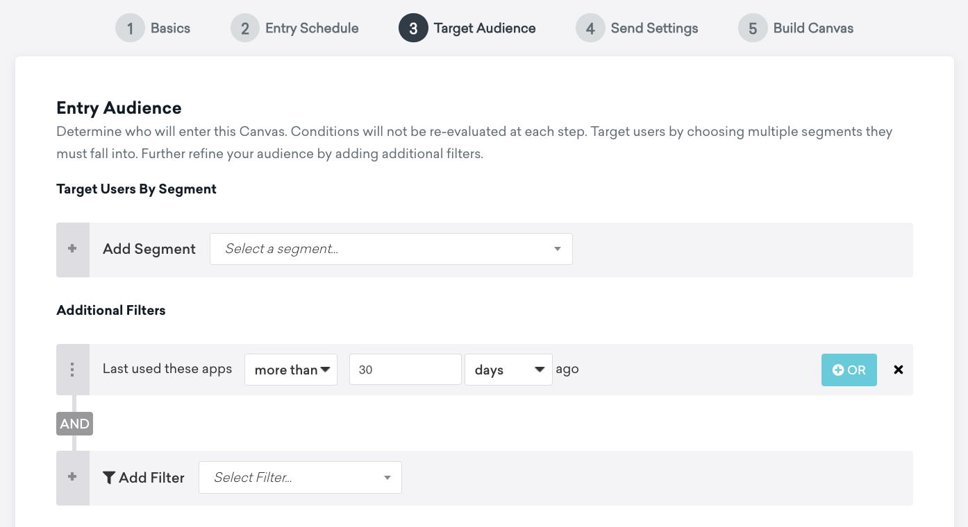 "Target Audience" step targeting users who last used the apps in 30 days.