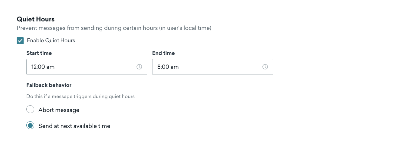 "Quiet Hours" section with a start time of 12 am and end time of 8 am.