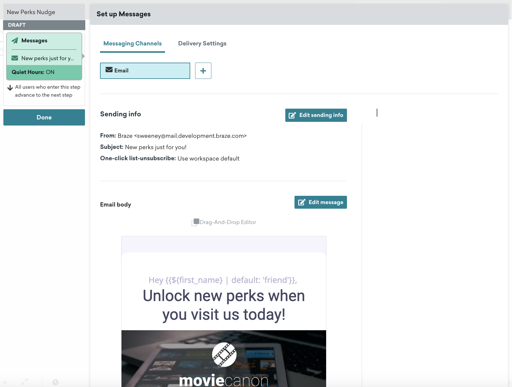 Canvas Message step for an email that tells users to unlock new perks when they visit today.