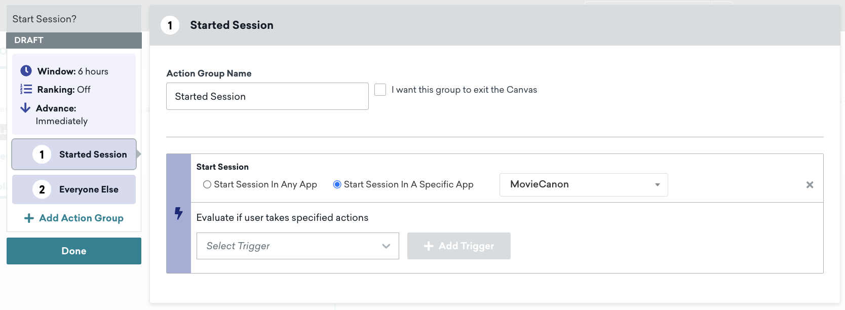 Action path for sessions that are started in a specific app.