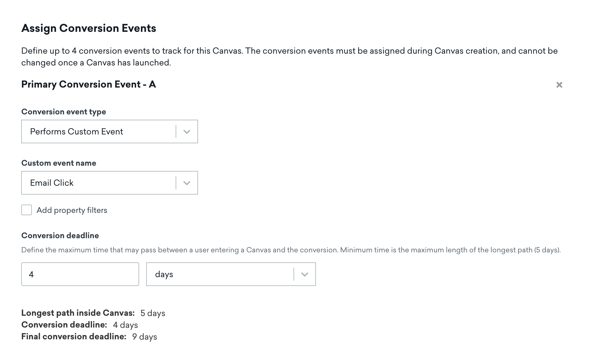 Primary Conversion Event - A with the conversion type "Performs Custom Event" with the custom event name "Email Click". There is a 4-day conversion deadline.